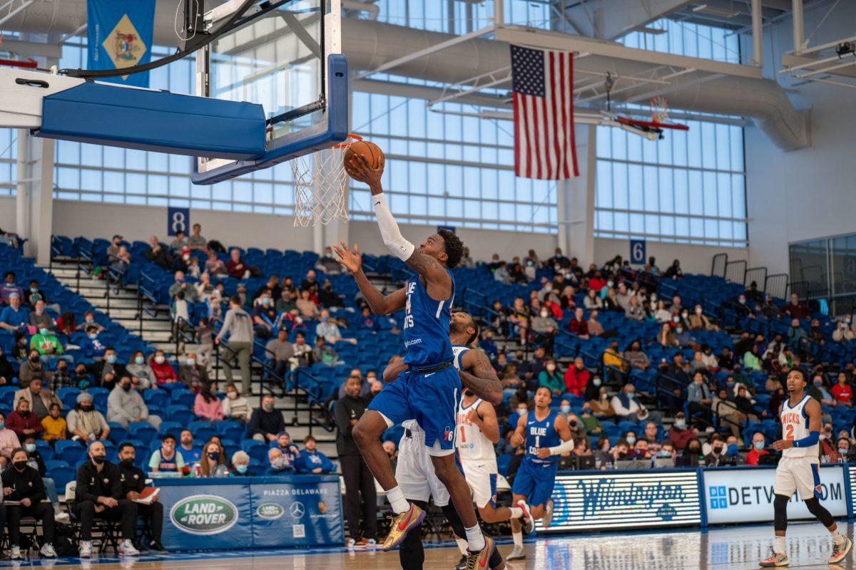 Blue Coats' Paul Reed going up for a layup. Reed would record 25 points and 16 rebounds in the team's 120-109 victory over the Knicks. Sunday, Dec. 12, 2021. - Staff Photographer / Joey Nicolo