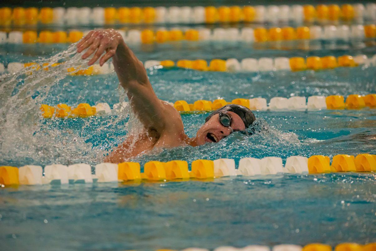 A Rowan men's swimmer during a meet. Rowan finished third at the WPI Gompei Invitational last weekend. Saturday, Oct. 23, 2021. - Multimedia Editor / Nick Feldman