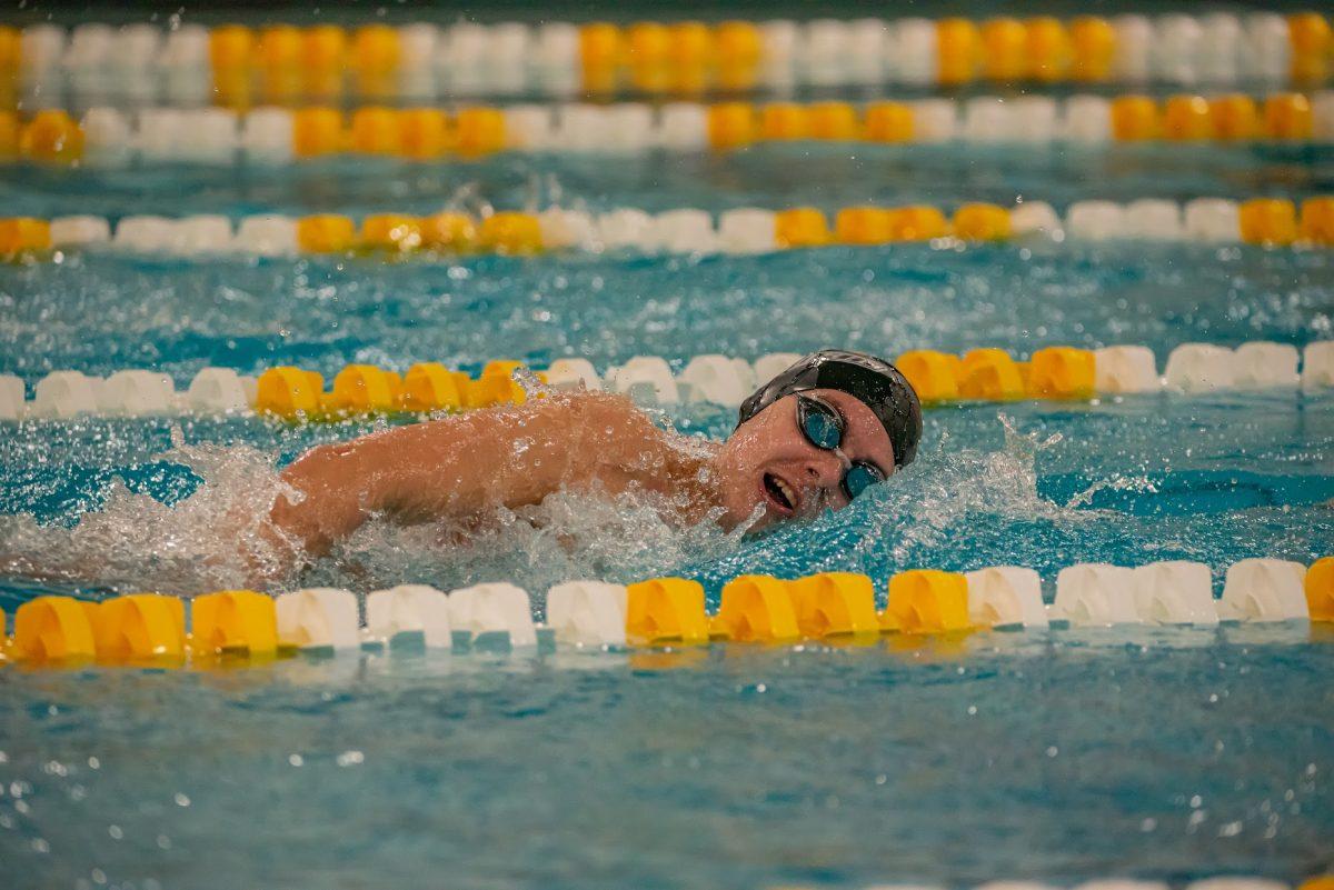 A Rowan swimmer swimming during a relay earlier this season. Rowan will now head to the WPI Gompei Invitational this weekend. Saturday, Oct. 23, 2021. - Multimedia Editor / Nick Feldman 