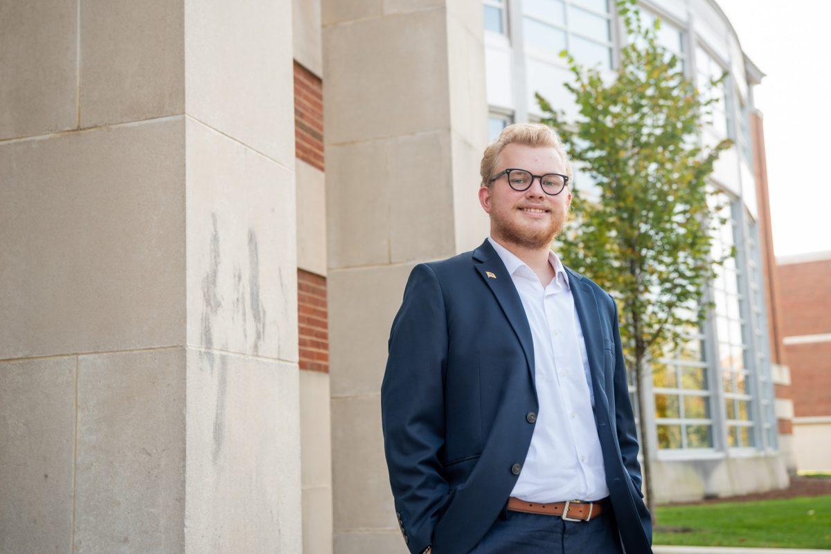 Senior history and subject matter education double-major Raymond Wos, Jr. talks about the significance of his senior seminar research paper that focuses on the disability community in Nazi Germany.  Photo courtesy of Raymond Wos, Jr.