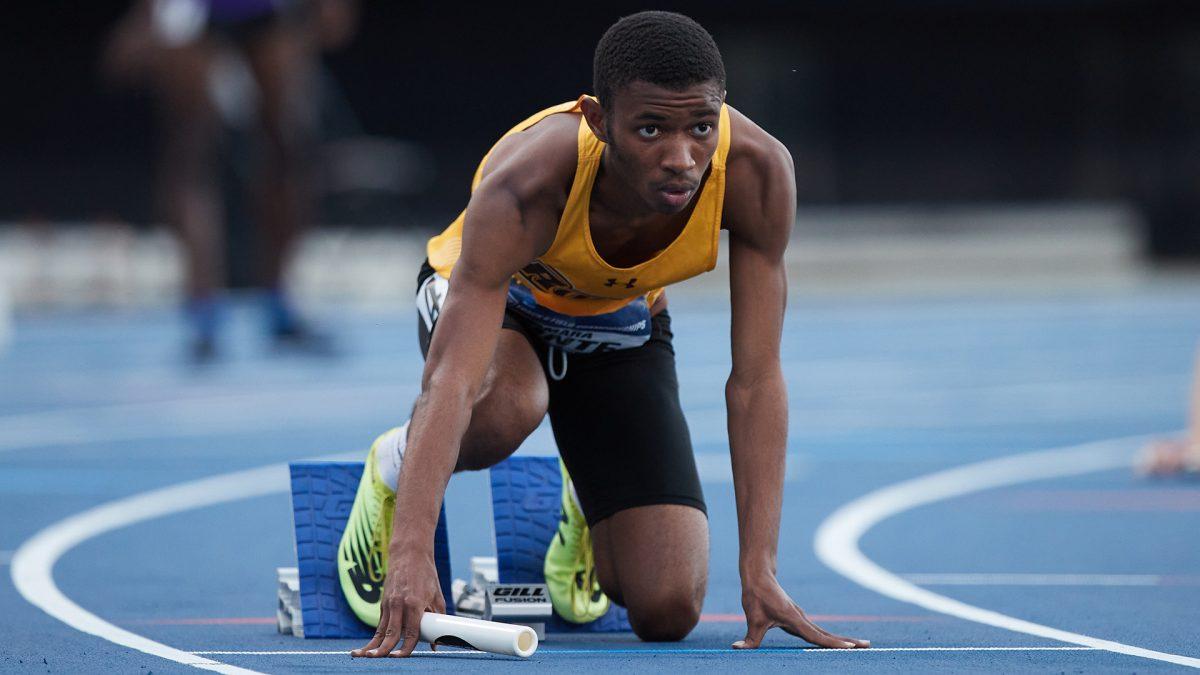 Rowan's Amara Conte at the start of a race. Conte's performance at the NYC Gotham Cup earned him the honor of NJAC Men's Track Athlete of the Week. - Photo / Brian Westerholt via Sports On Film courtesy of Rowan Athletics