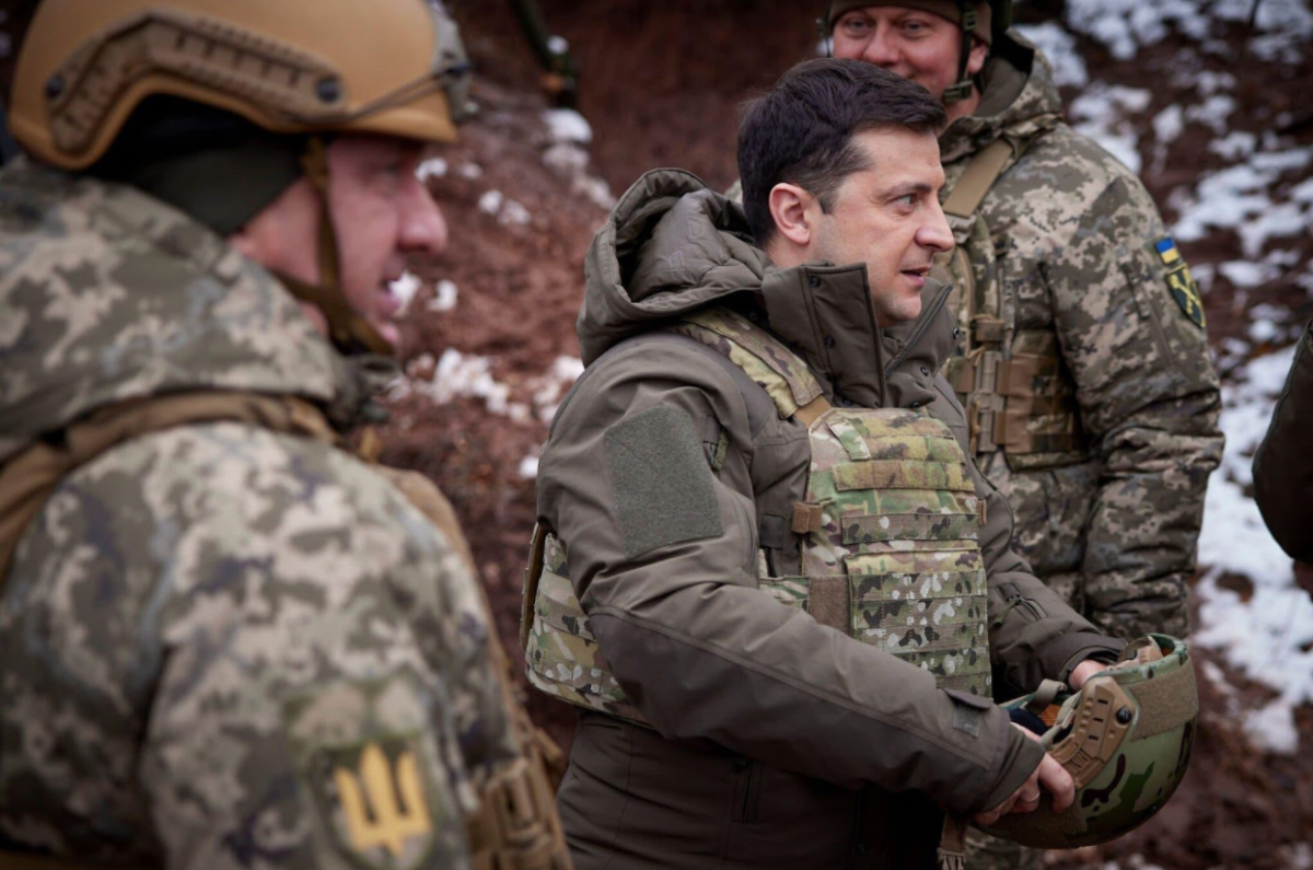 Ukrainian President Volodymyr Zelensky visits frontline troops in the Donbas region of Ukraine in December of 2021. -Photo via Ukrainian Presidential Press Service