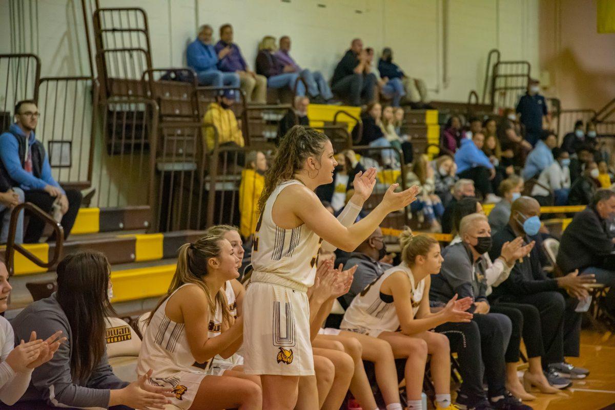 Savanna Holt and the rest of the team rooting for the Profs from the bench. Holt and the team are hoping they hold on to the top spot in the NJAC through the rest of the regular season. Wednesday, Dec. 1, 2021. - Multimedia Editor / Nick Feldman