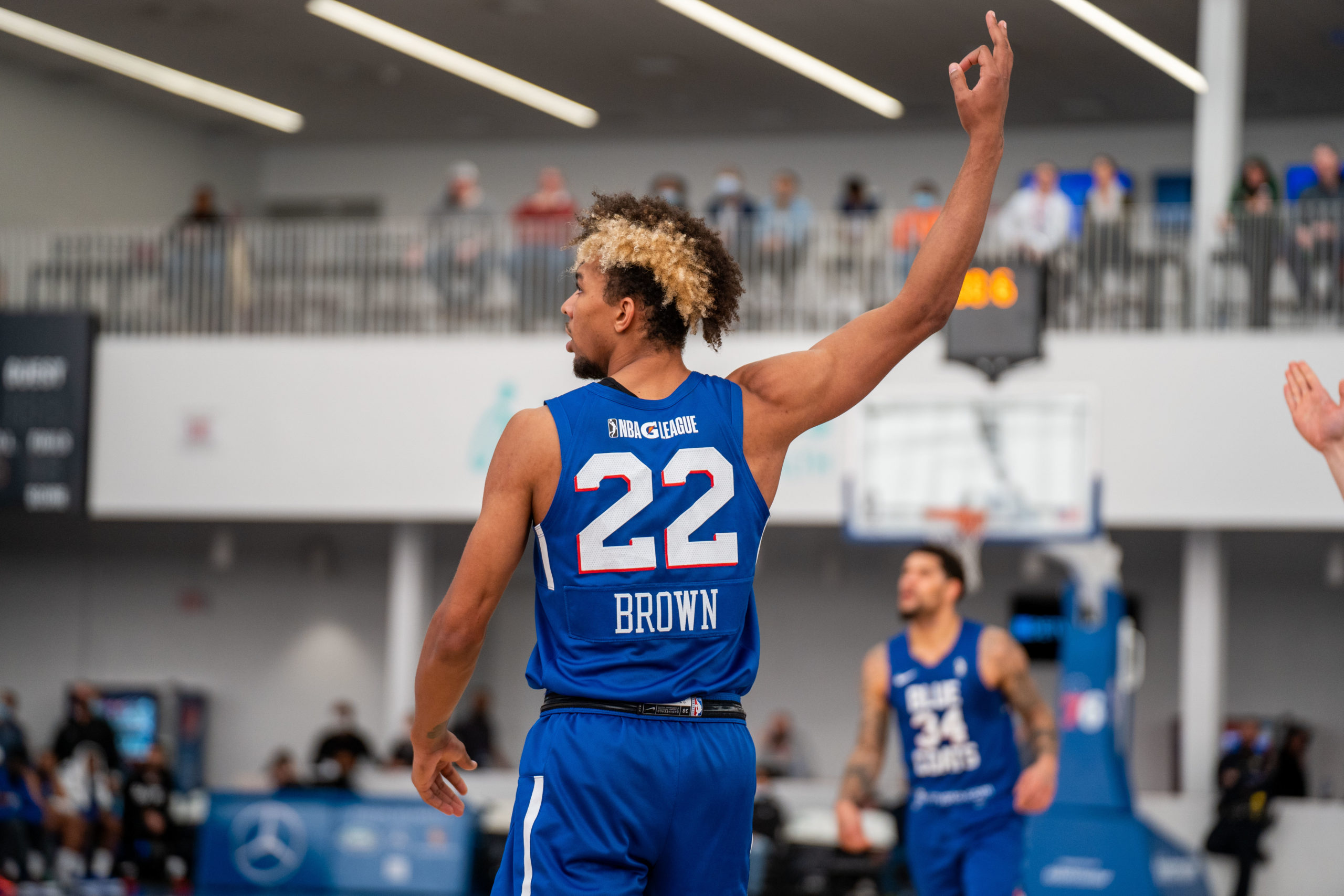 April 4, 2023, Wilmington, Delaware, United States of America: Delaware  Blue Coats guard JADEN SPRINGER (11) celebrates during game one of the NBA  G League Finals between the Delaware Blue Coats and