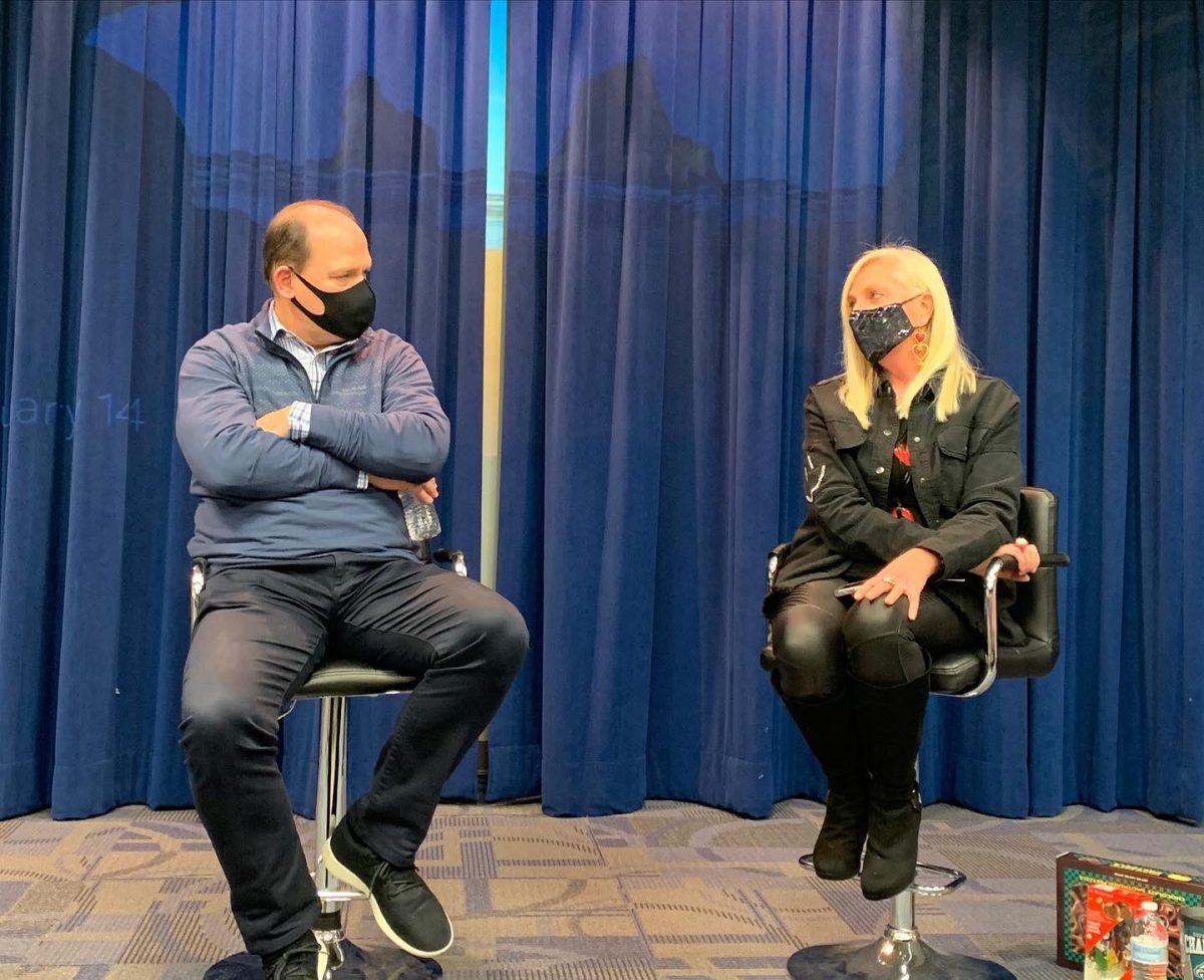 Cindy Webster discusses her fun marketing stories with Neil Hartman and the students during Pizza With the Pros on Monday, Feb. 14, 2022. - Photo via @RowanSportsCAM on Twitter.com