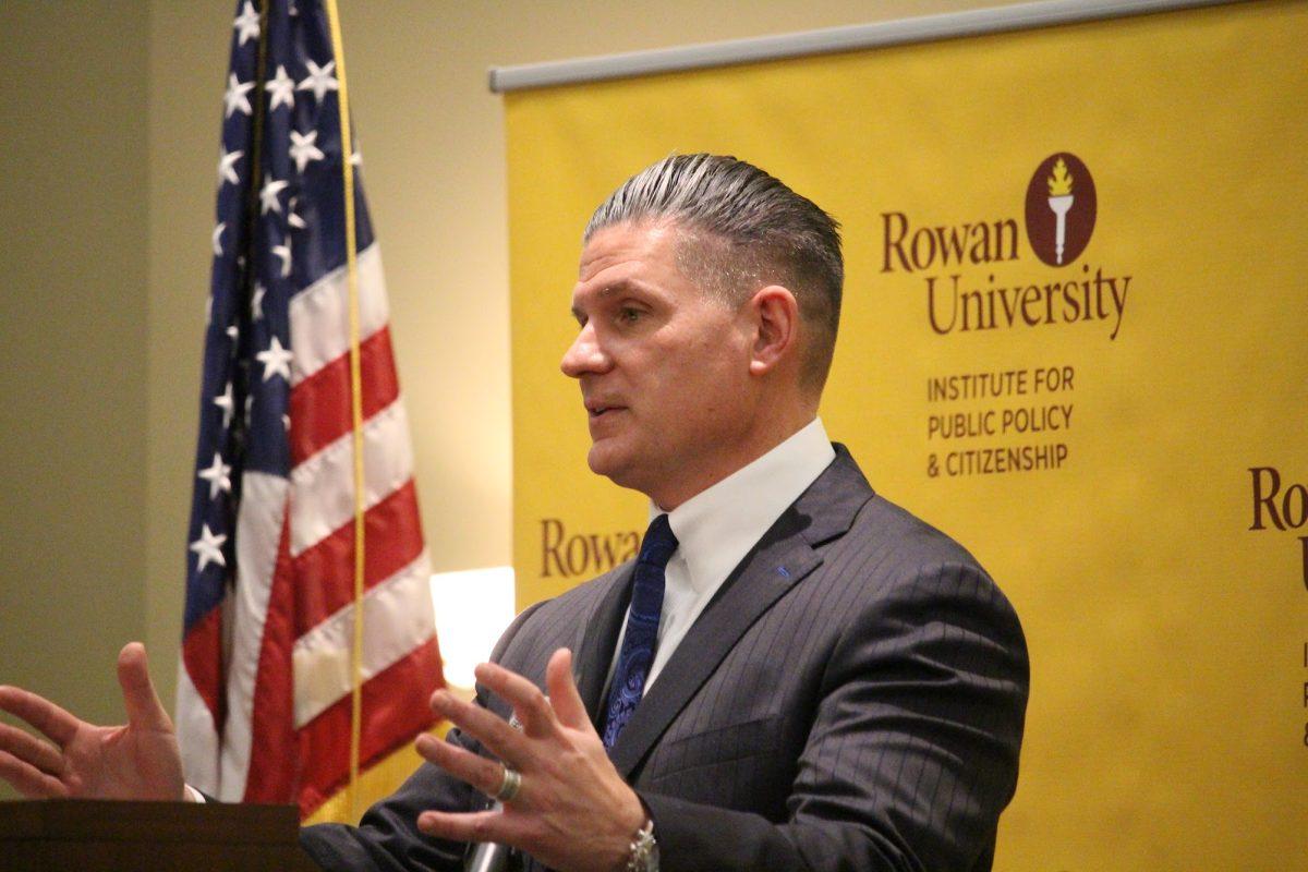 Assembly Majority Leader Lou Greenwald (D-6) addresses the crowd of 50 at Rowan University in the Eynon Ballroom, Thursday, Feb. 3, 2022. -Photo via Santino D’Agostino.
