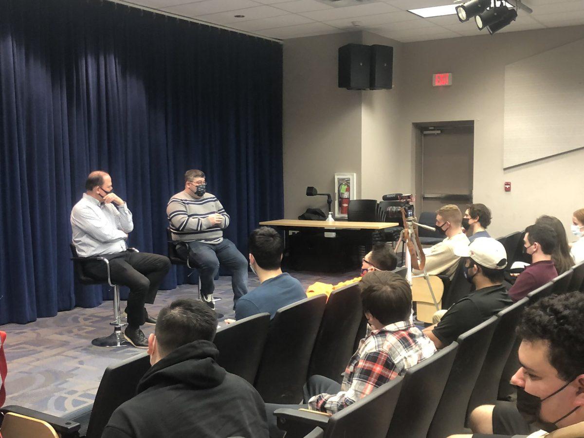 Jordan Strauss discussed his production work during "Pizza With the Pros" on Monday, Feb. 21. - Photo via @RowanSportsCAM on Twitter.com