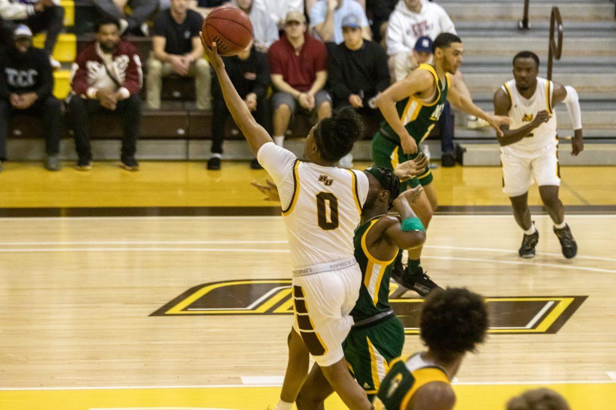 Hafeez Melvin going up for a layup in the NJAC Quarterfinals. Melvin recorded 19 points on Thursday night in the team's semifinals victory. Tuesday, Feb. 22, 2022. - Multimedia Editor / Lee Kotzen