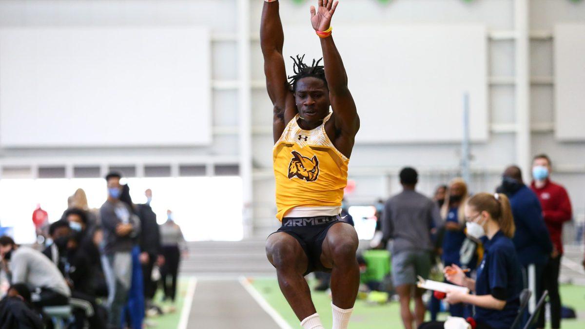 Nana Agyemang competing in the long jump. Agyemang was named NJAC Men's Track & Field Rookie of the week once again.  - Photo / Larry Levanti Photography courtesy of Rowan Athletics