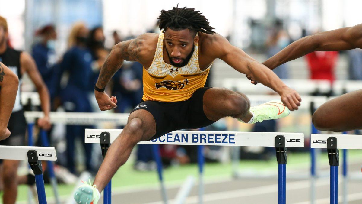 Marquise Young competing in the hurtles. Young was named NJAC Rookie of the Week this week. - Photo / Rowan Athletics