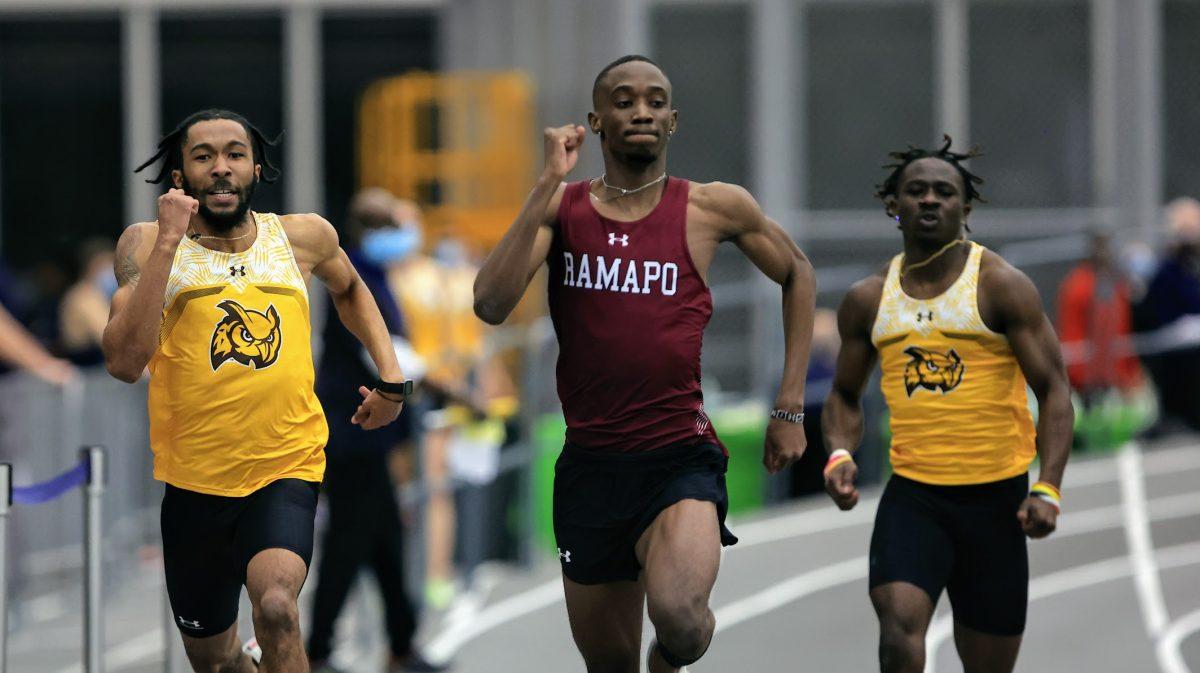 Jah'mere Beasley and Nana Agyemang during the 60 meter dash. Beasley and Agyemang finished second and third in the race at the NJAC Championships. Photo / Ian Dubac @IanMatthewPhotography 