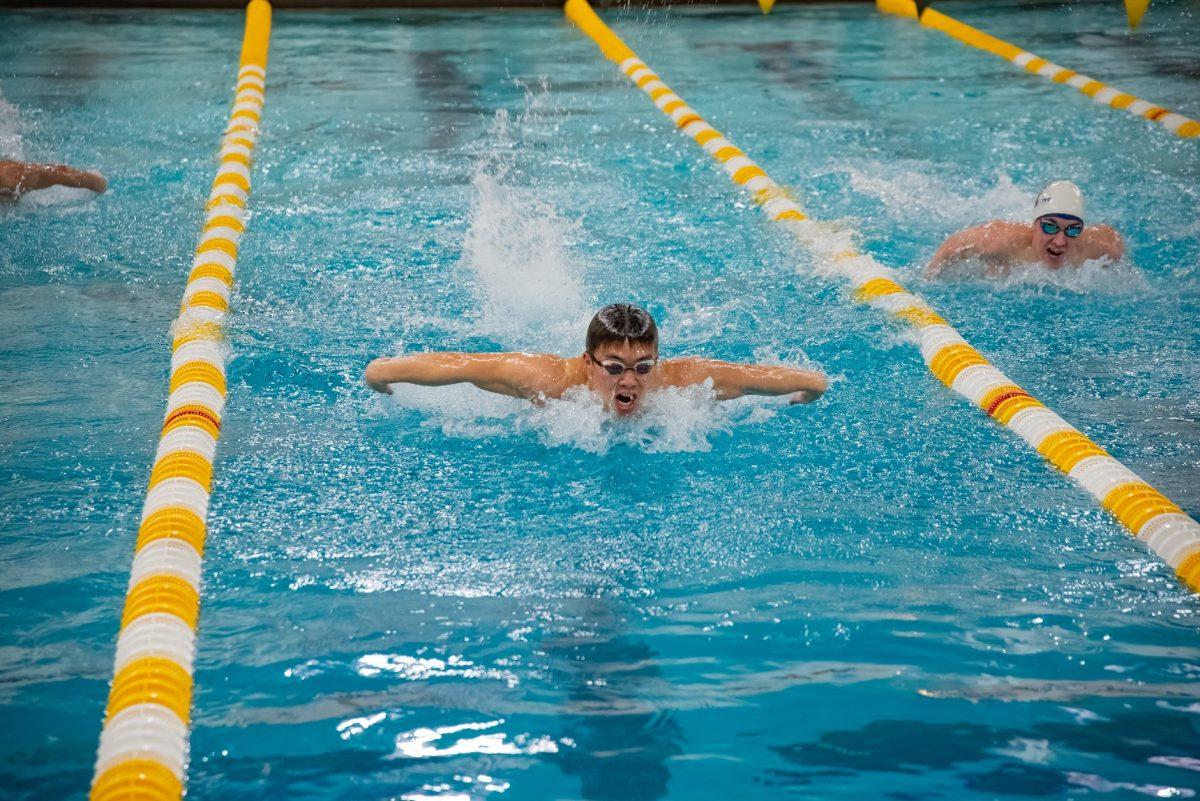 Kevin Yanagisawa swimming the butterfly. Yanagisawa has had a very successful career during his time at Rowan. Saturday, Jan. 22, 2022. - Multimedia Editor / Nick Feldman 