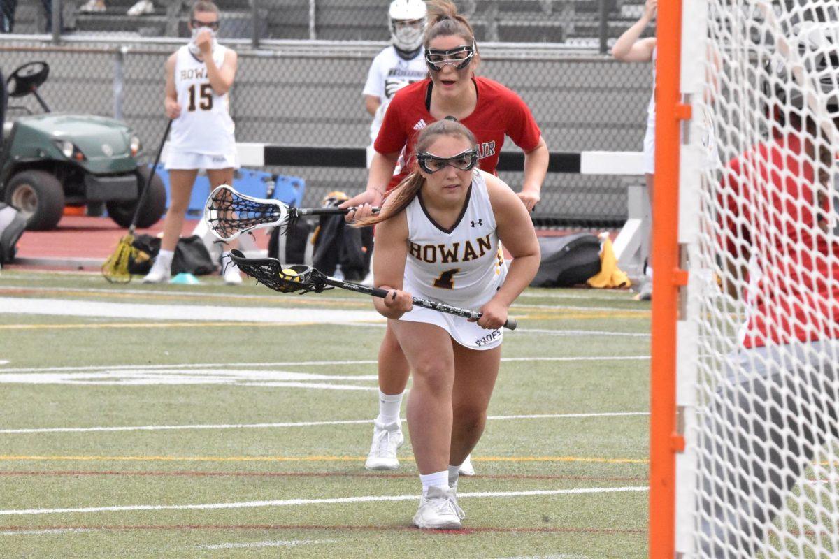 Ashley Lechliter during a penalty shot. Lechliter recorded a hat triple in their season opener on Wednesday. Photo / Nick Feldman via. Rowan Athletics