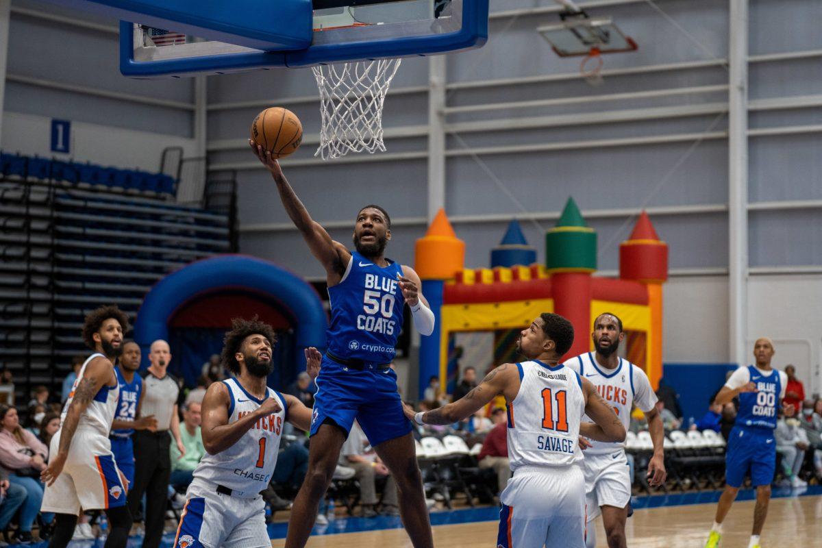 Aaron Henry going up for a layup against the Westchester Knicks. Henry recorded 15 points, five rebounds, and three steals in their victory over the Long Island Nets on Saturday night. Saturday, March 5, 2022. - Staff Photographer / Joey Nicolo