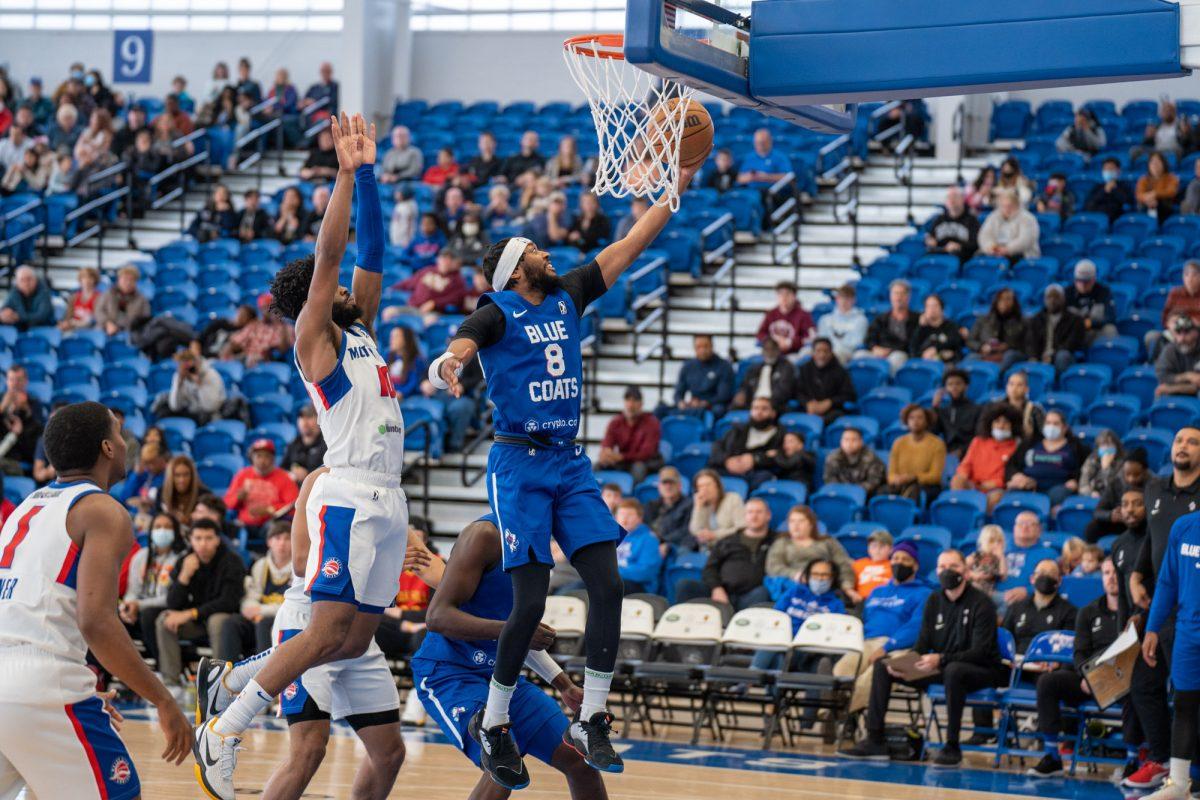 Shamorie Ponds going up for a layup against Motor City Cruise. Ponds had a game-high 28 points along with five rebounds and assists in the Blue Coats 125-118 win. Sunday, March 27, 2022. - Staff Photographer / Joey Nicolo  