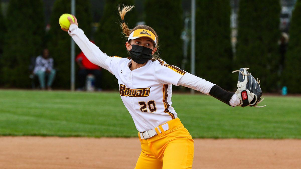 Emily August pitching during a game last season. August struck out 13 in Rowan's doubleheader against Rosemont. - Photo / Rowan Athletics