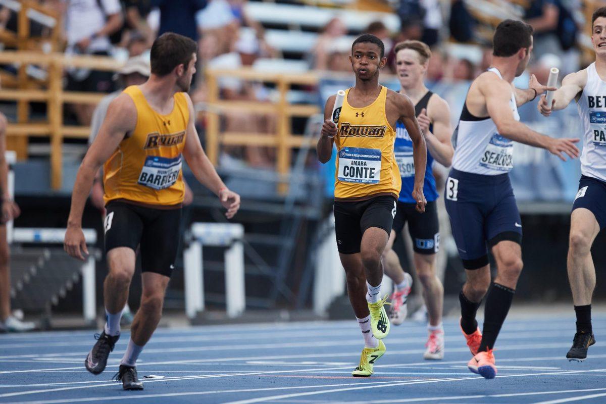 Amara Conte during a relay during the outdoor season. Conte is apart of the 4x400 team competing at nationals this weekend. - Photo / Rowan Athletics