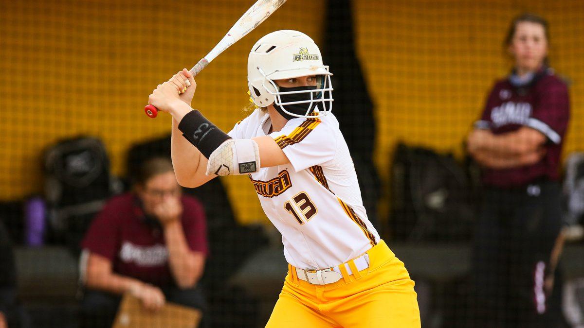 Morgan Zane up at bat. Zane recorded nine hits and RBIs this weekend. Photo / Rowan Athletics