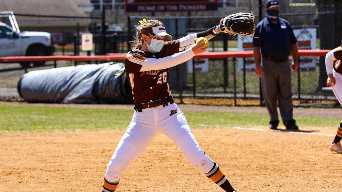 Emily August in her pitching motion. August was one of the NJAC's most successful pitchers in the 2021 season. - Photo / Rowan Athletics