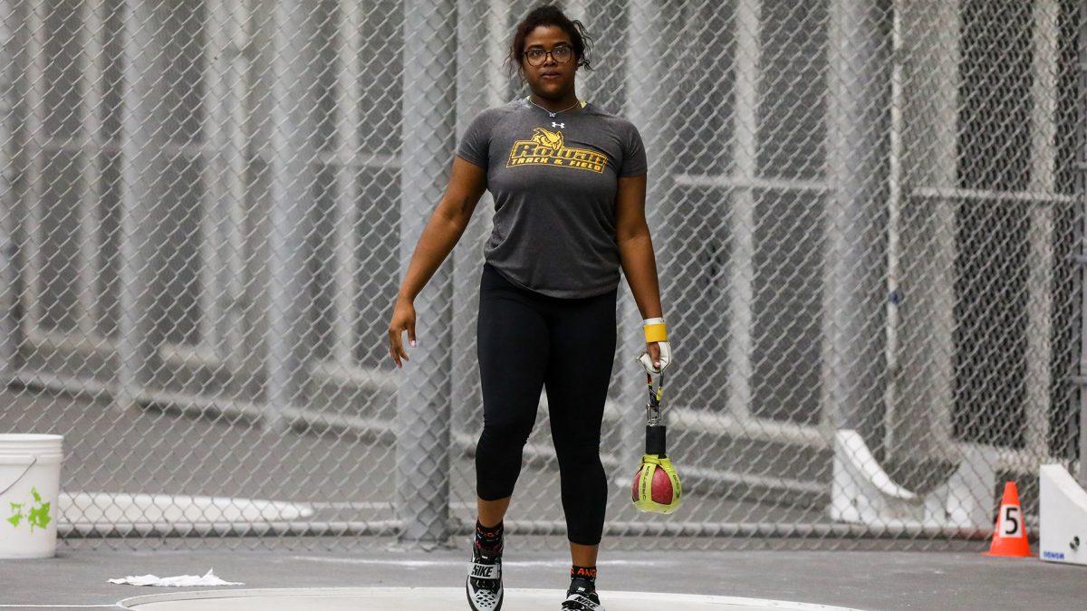 Makayla Taylor before a throw. Taylor has had an award winning year for the indoor season. - Photo / Rowan Athletics