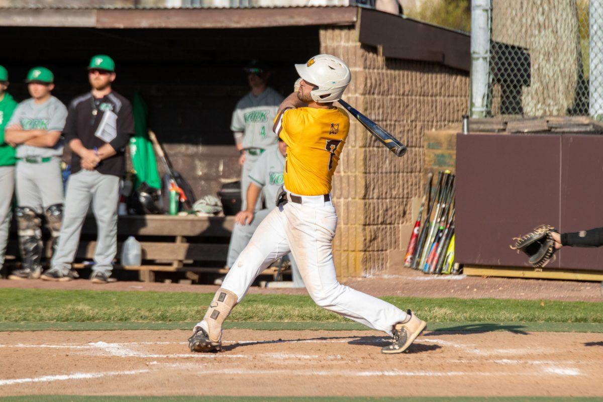 Anthony Schooley after a hit against York last week. Against Penn State-Harrisburg on Wednesday, Schooley went 2-3 with one walk and four RBIs. Tuesday, March 22, 2022. - Multimedia Editor / Lee Kotzen