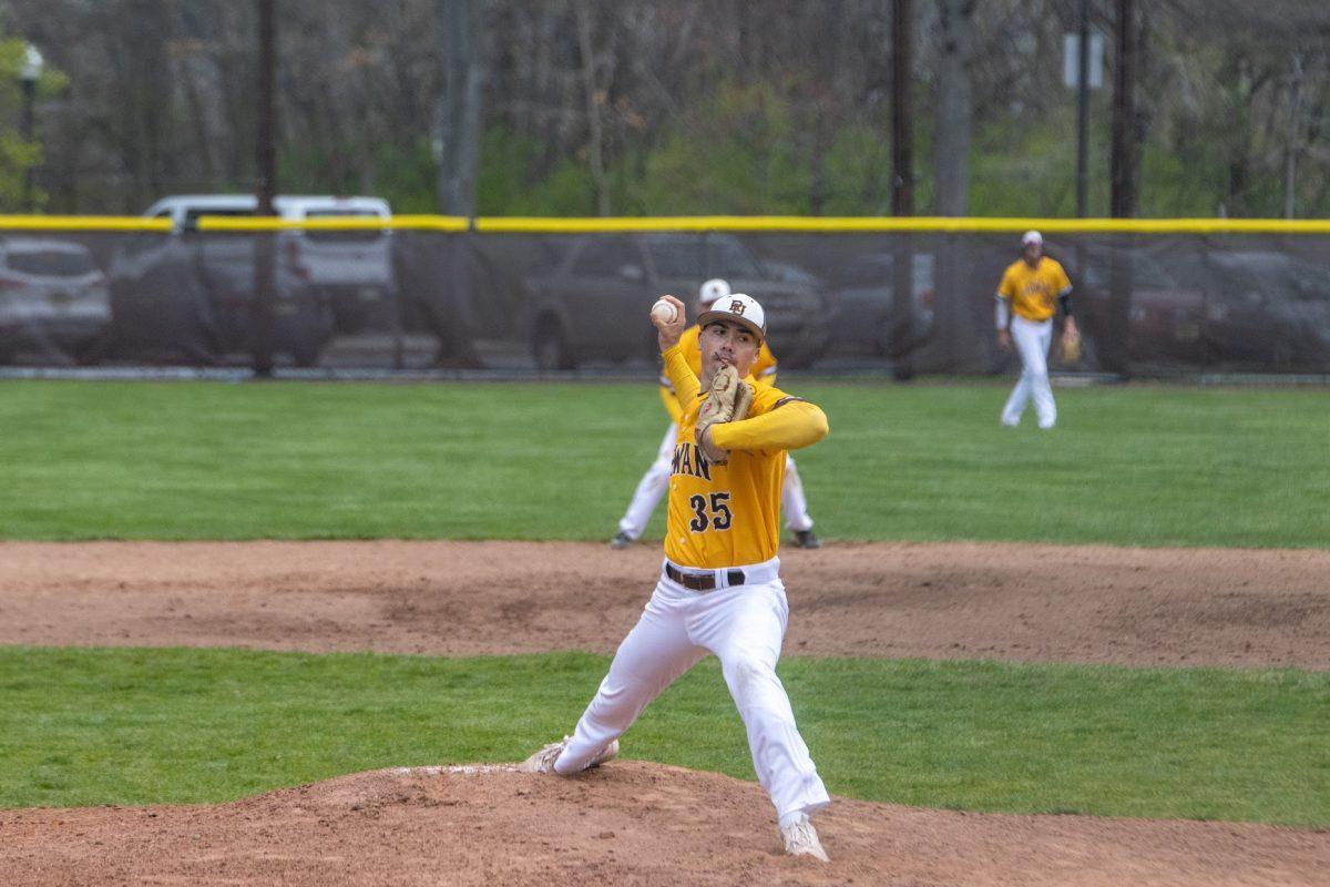 Jason O'Neill throwing a pitch in a game earlier this season. O'Neill would be the starting pitcher for the Profs in the first game against Rampo in which they picked up the victory. Sunday, April 10, 2022. - Multimedia Editor / Lee Kotzen