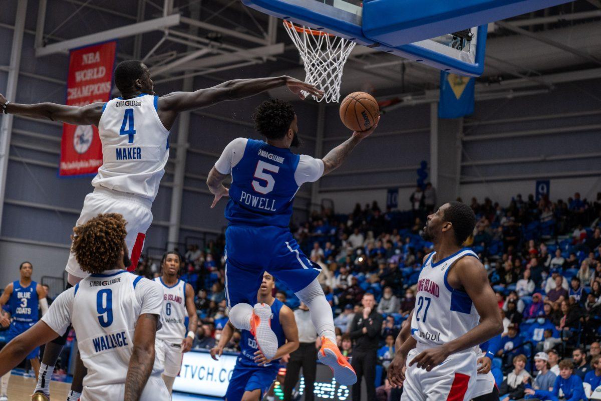 Myles Powell going up for a layout against the Long Island Nets. Powell scored 25 points in the Blue Coats first round victory over the Nets. Tuesday, April 5, 2022. - Staff Photographer / Joey Nicolo