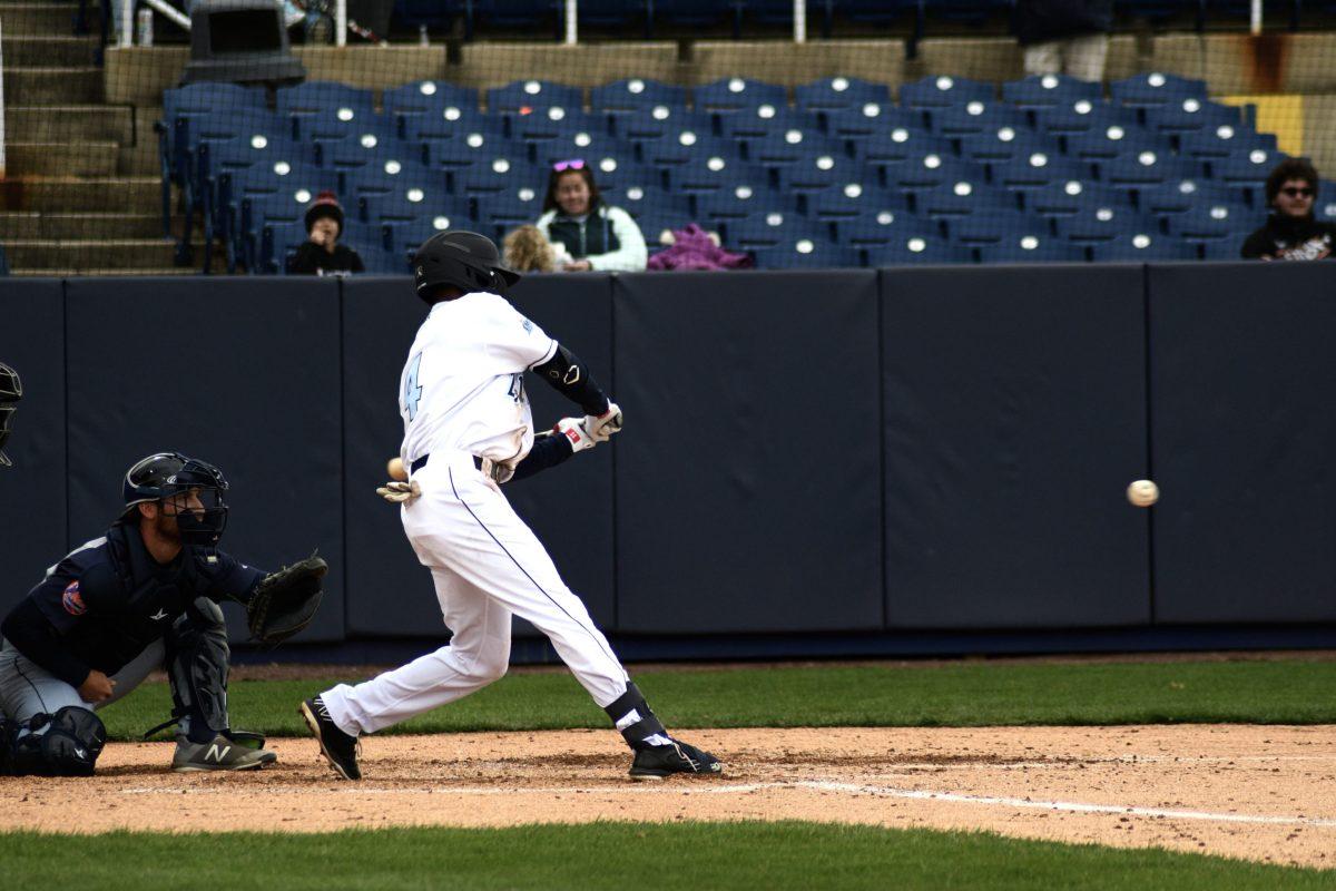 Darren Baker during an at-bat. Baker scored one run during the two game doubleheader against Brooklyn. Saturday, April 9. - Staff Photographer / Tyrese Williams