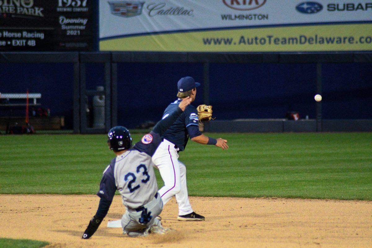 Cole Daily covers second base during a game earlier this season. Daily and the Blue Rocks dropped their Tuesday night game against the Crawdads 7-5. Saturday, April 9, 2022. - Staff Photographer / Tyrese Williams