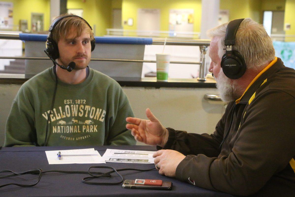 Head Coach Jay Accorsi doing an interview with Connor Brown for Rowan Radio. Accorsi and the team all worked the event. Wednesday, April 20. - Photo / Nick Iadonisi of Rowan Radio