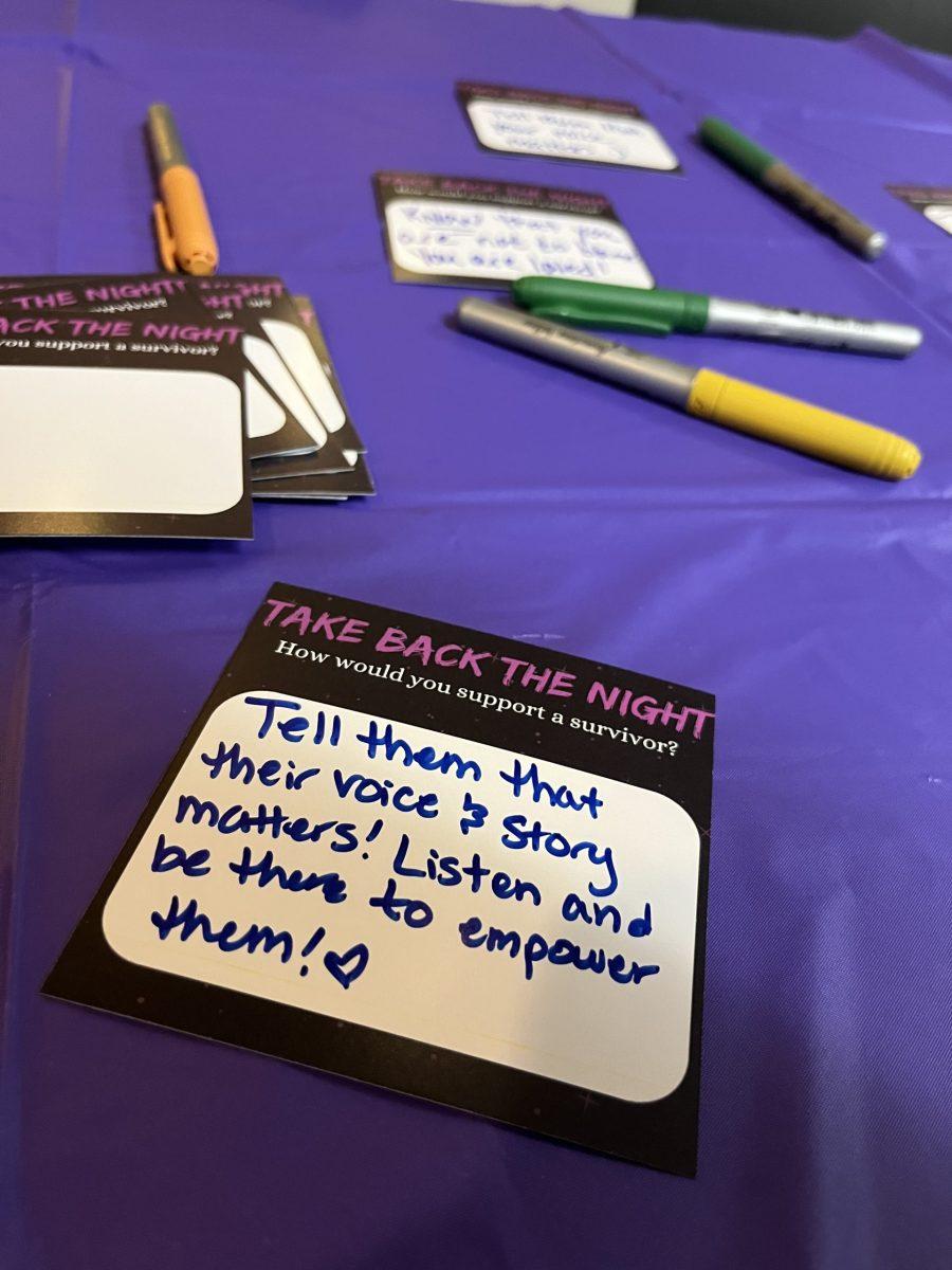 Students could write uplifting messages to each other during the annual "Take Back the Night" event hosted by Healthy Campus Initiatives. - Photo / Jennifer McGraw