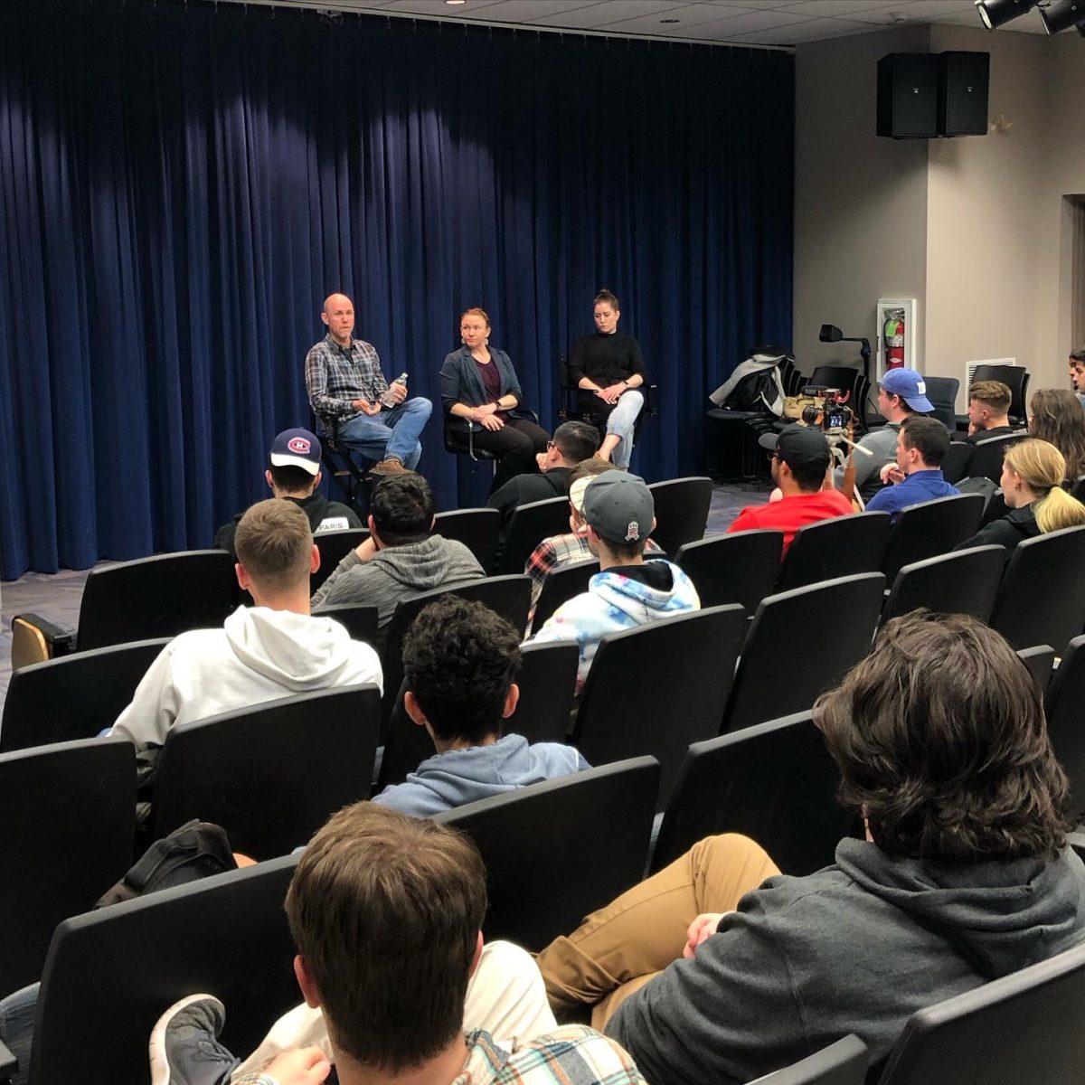 Rowan alums Cara Rodgers, Kelly Viseltear and Jason Weber chat with Rowan students during "NFL Films Night" for "Pizza With the Pros." - Photo via @RowanSportsCAM on Twitter 