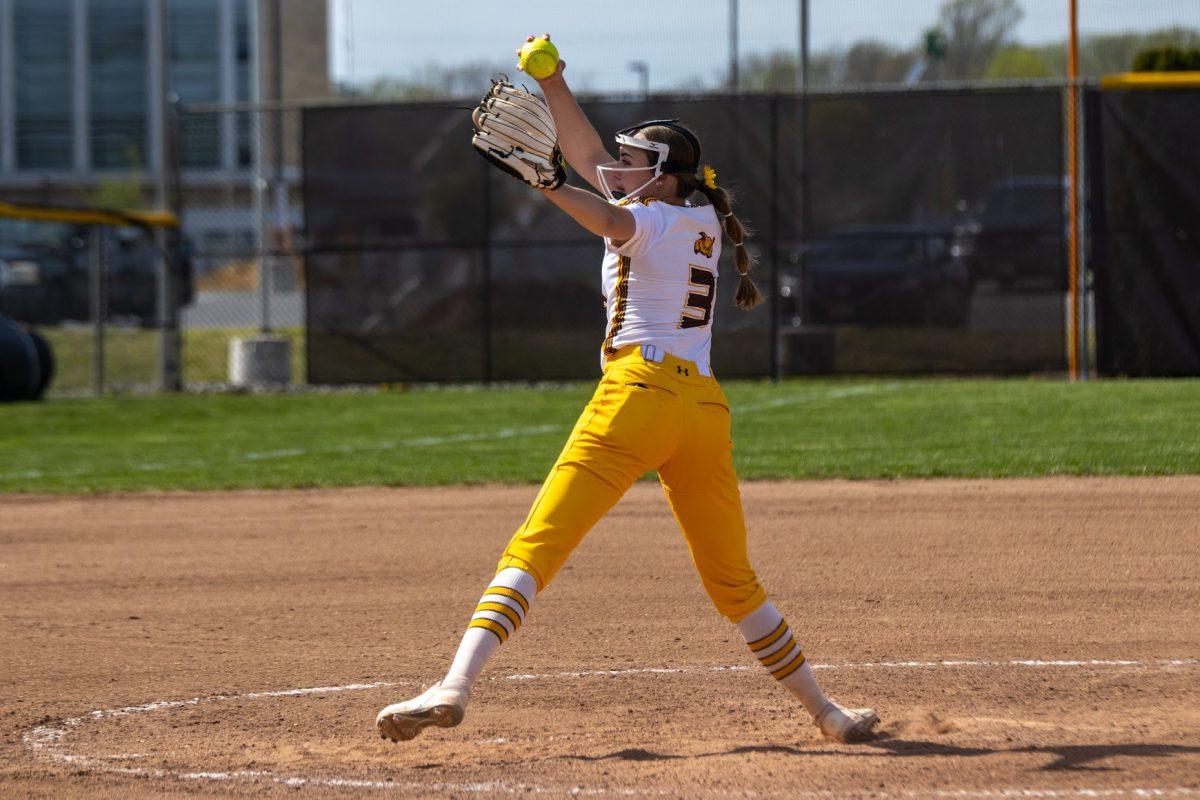 Rylee Lutz throwing a pitch. Lutz would pitch a complete game and pick up the win in their second game against Montclair State. Saturday, April 16, 2022. - Multimedia Editor / Lee Kotzen 