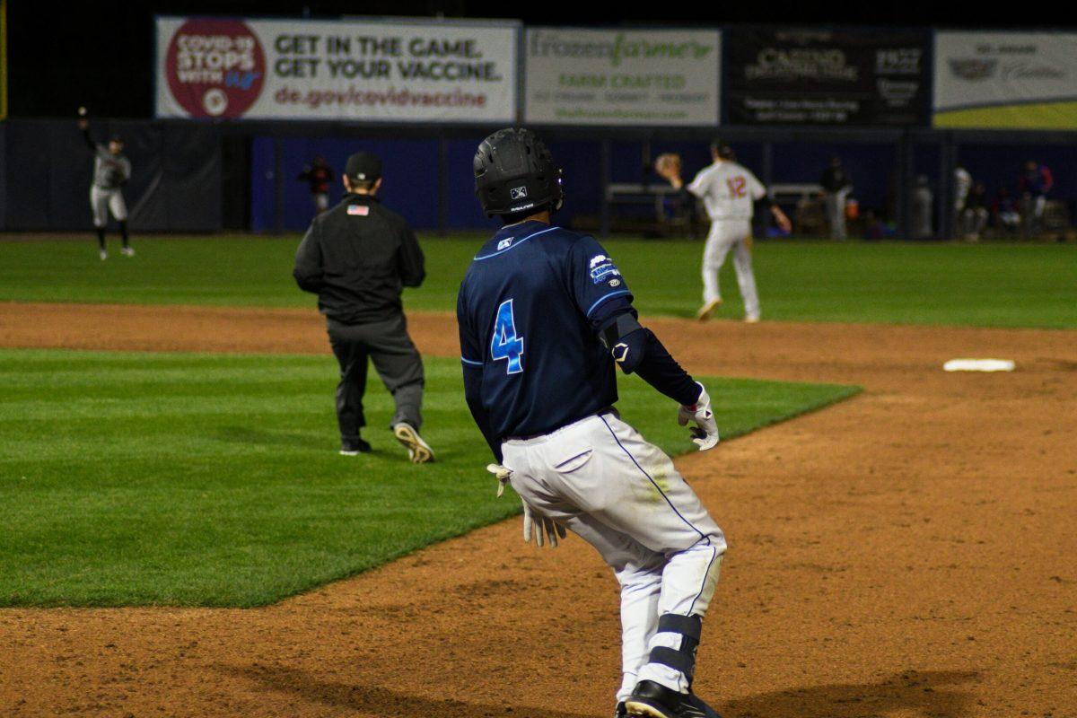 Darren Baker rounding first earlier in the season. Baker would hit the walk-off RBI to win the game on Tuesday night. Saturday, April 23, 2022. - Staff Photographer / Tyrese Williams