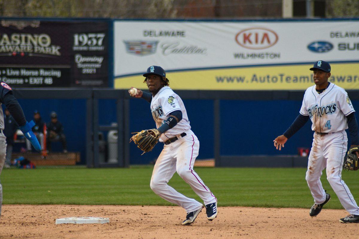 Jordy Barley making a throw from shortstop earlier this season. Barley would record one of the Blue Rocks errors in their loss on Wednesday night to Bowling Green. Saturday, April 9, 2022. - Staff Photographer / Tyrese Williams