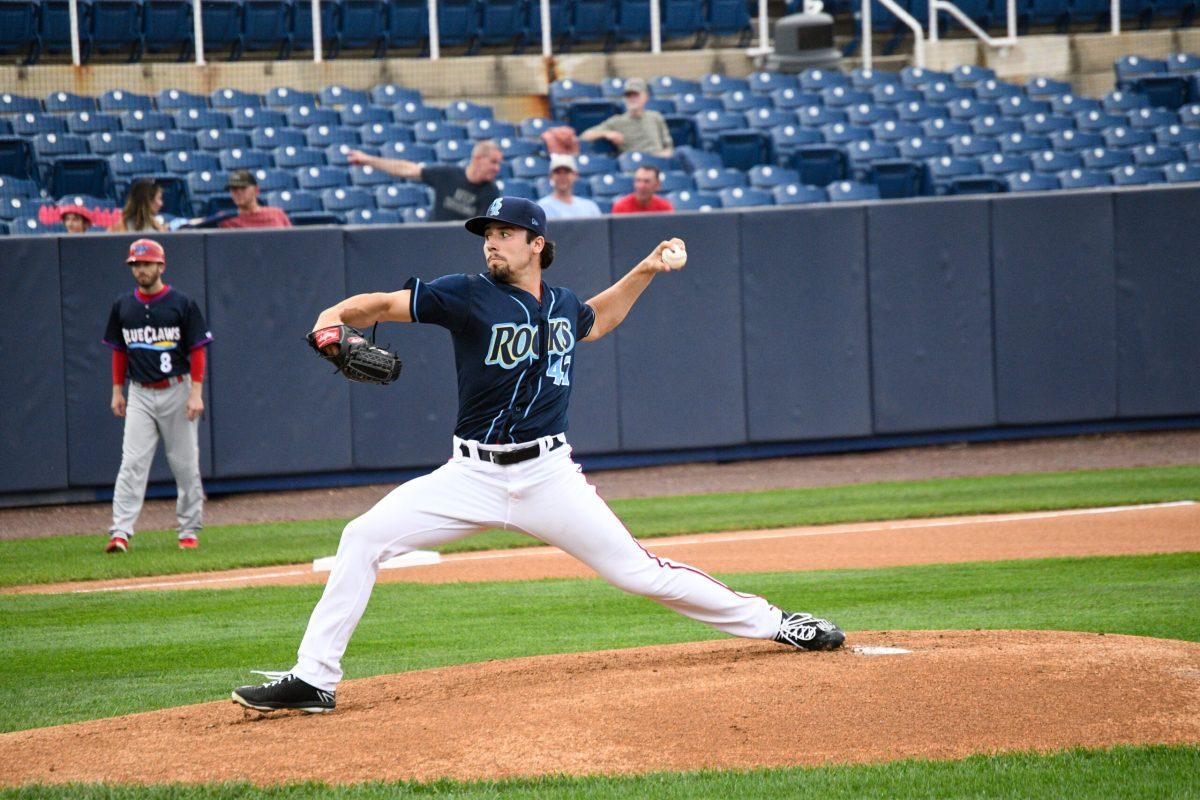 Tim Cate throws a pitch. Cate would be handed the loss in the Blue Rocks 5-2 defeat on Friday night. Friday, May 20. - Staff Photographer / Tyrese Williams