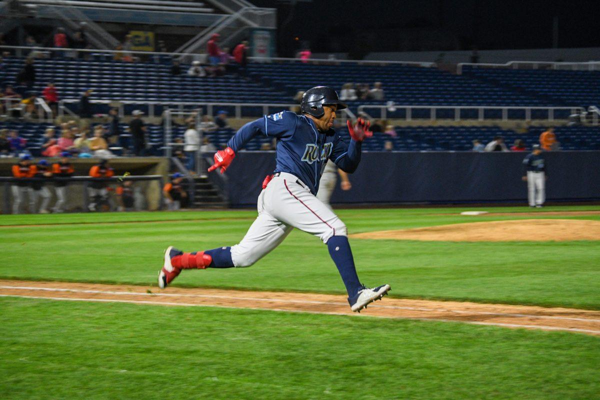 Omar Meregildo runs to first base. Meregildo had a RBI double in the Blue Rocks' 3-2 loss to the IronBirds. Friday, May 27, 2022. - Staff Photographer / Tyrese Williams