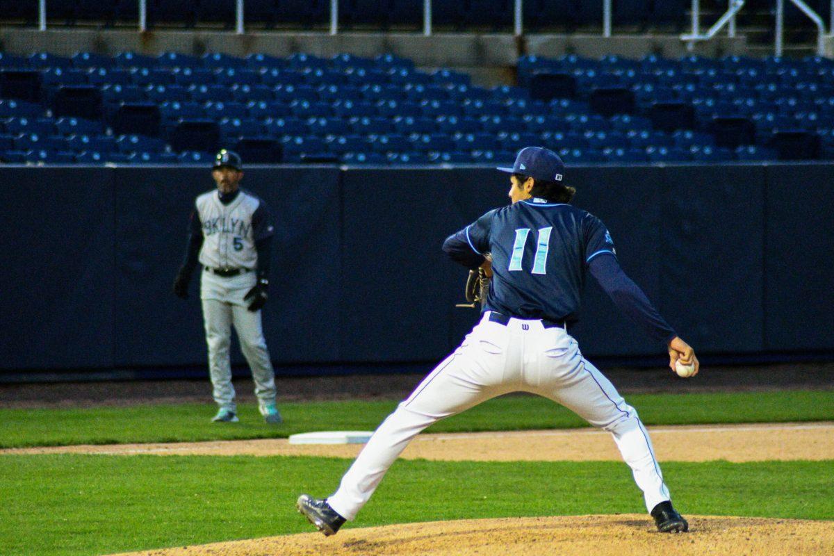 Michael Cuevas pitches during a game earlier in the season. Cuevas won the game for the Blue Rocks on May 19. Saturday, April 9, 2022. - Staff Photographer / Tyrese Williams