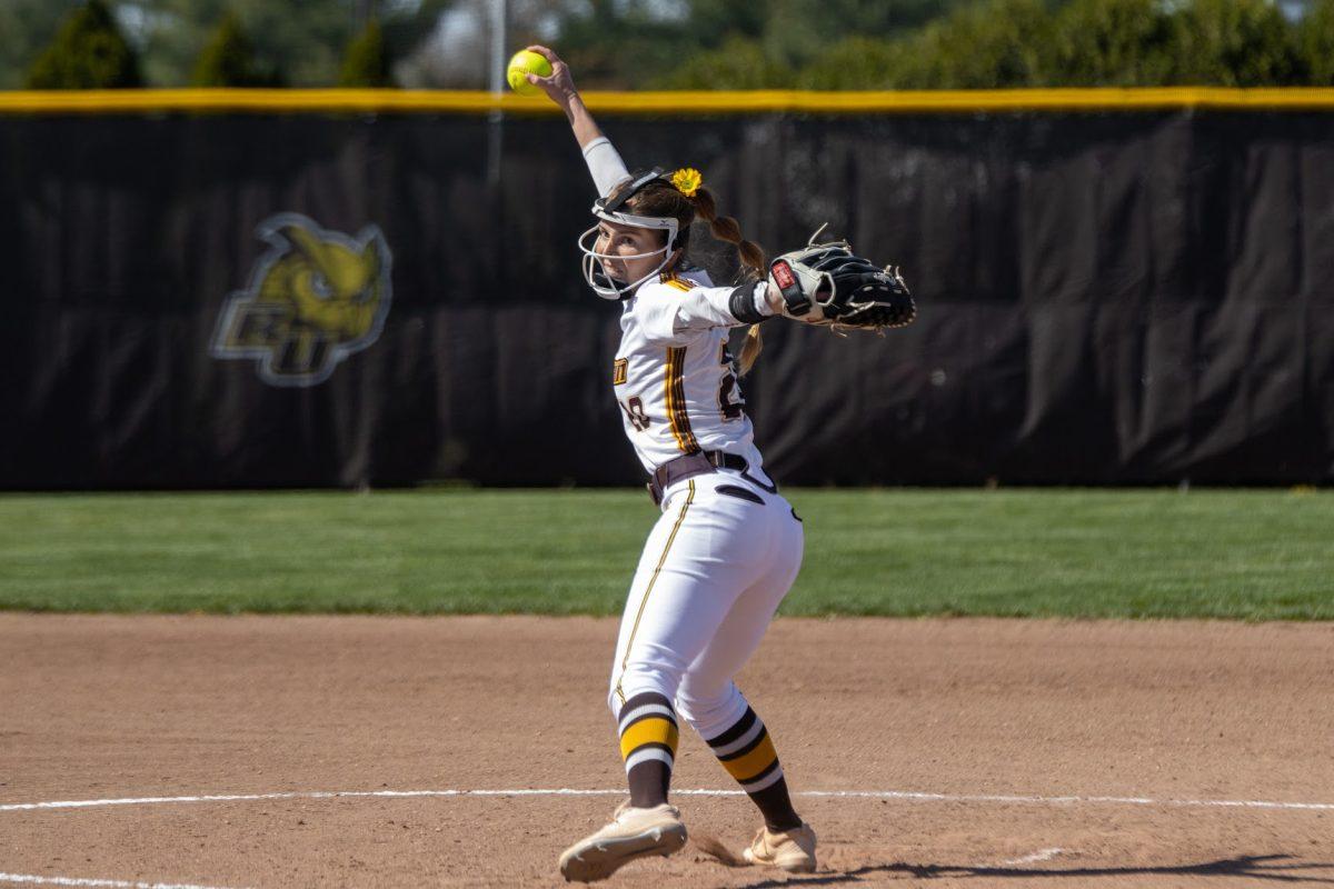 Emily August mid-pitch. August pitched a full game with only one hit on her Senior Day. Wednesday, April 20, 2022. - Multimedia Editor / Lee Kotzen