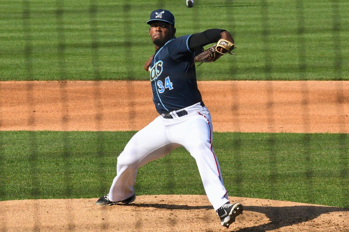 Rodney Theophile throws a pitch. Theophile would start on the mound in game one of the doubleheader and be handed the loss. Wednesday, April 15, 2022. - Staff Photographer / Tyrese Williams