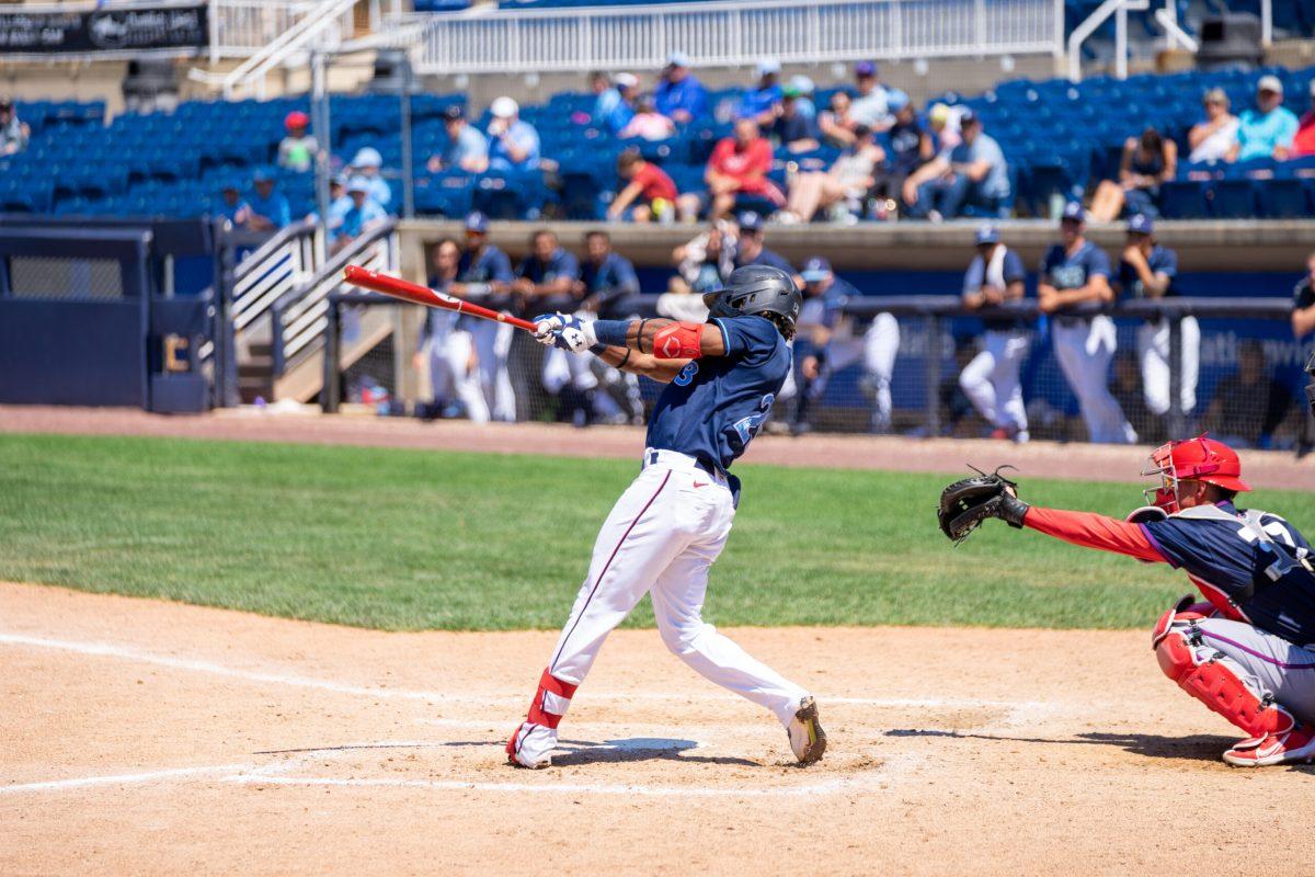 Jordy Barley swings at a pitch. Barley would record the RBI to win the game for the Blue Rocks on Sunday afternoon. Sunday, July 3, 2022. - Staff Photographer / Ashley Craven