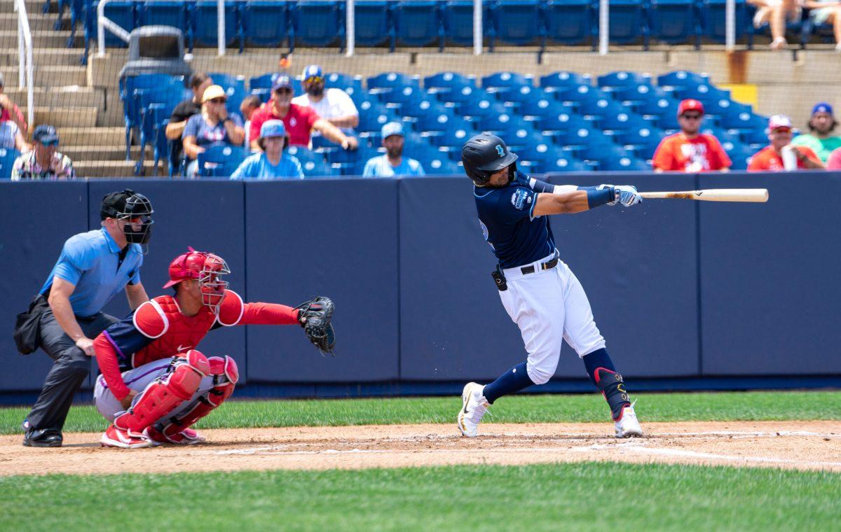 Jose Sánchez swings at a pitch earlier in the season. Sánchez hit the game winning RBI on Friday night against the Hudson Valley Renegades. Sunday, July 3, 2022. - Staff Photographer / Ashley Craven