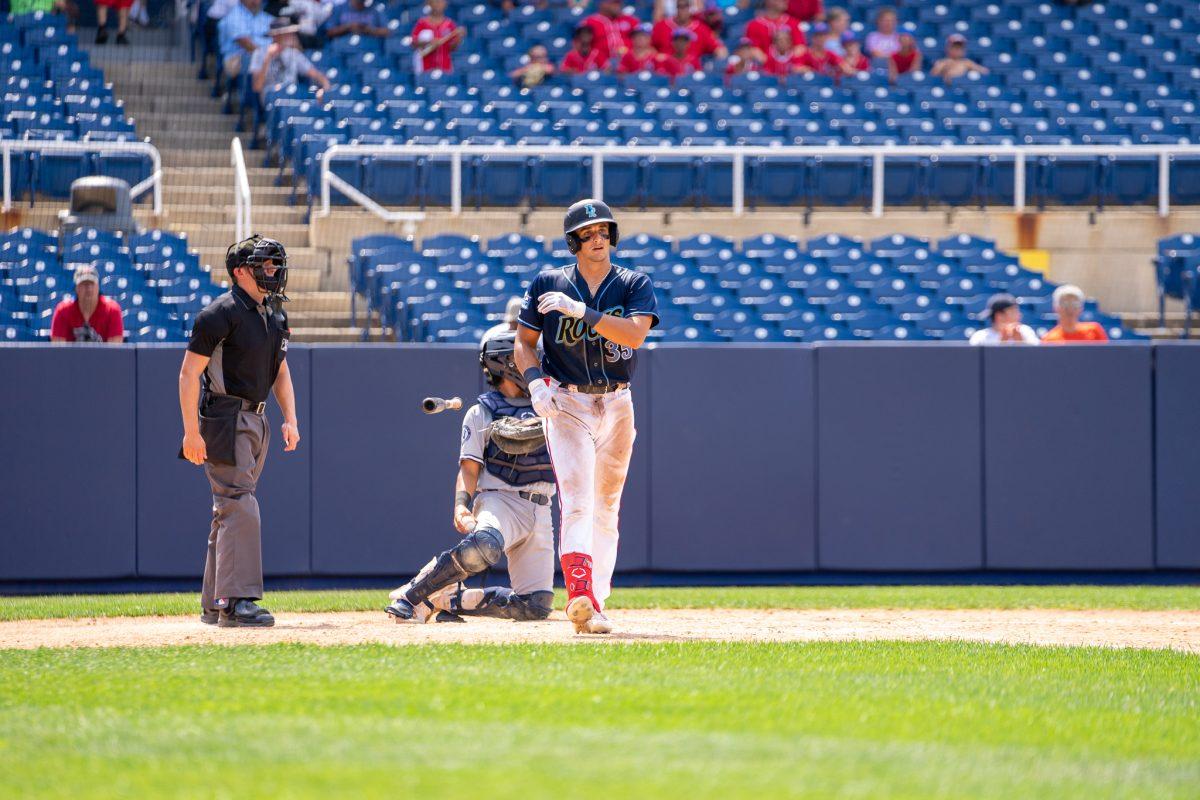 Drew Millas flips his bat after a walk. Millas recorded three walks and one home run in Wilmington's win over Hudson Valley. Sunday, July 24, 2022. - Staff Photographer / Ashley Craven