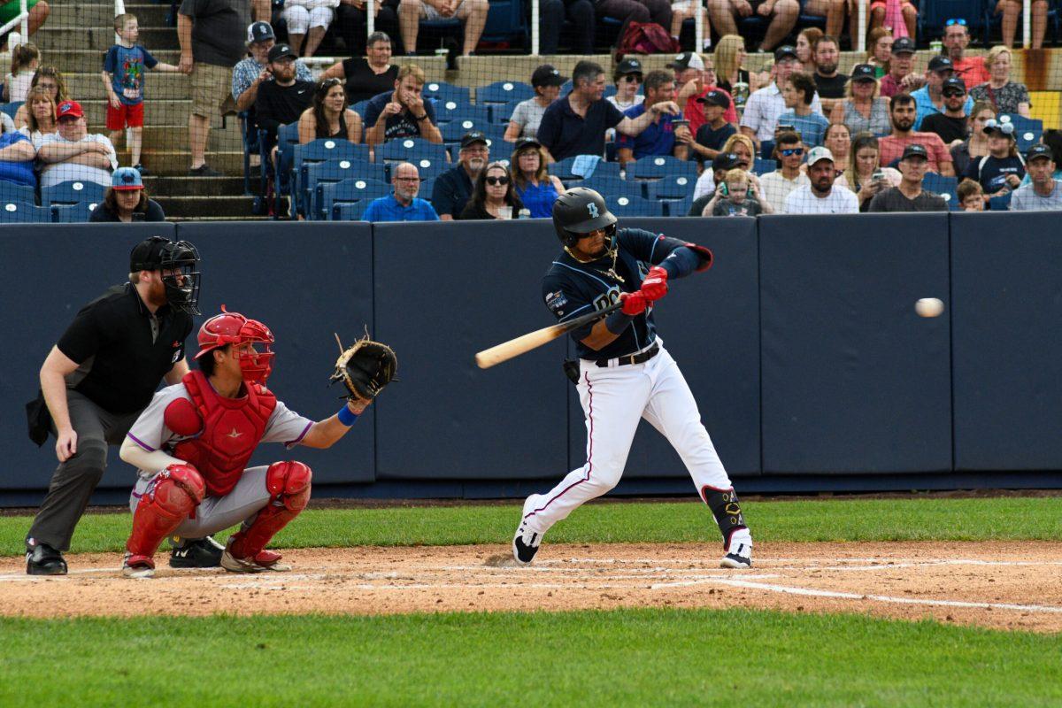 Jose Sánchez swings during an at-bat. The Blue Rock only recorded six hits in their loss to Jersey Shore on Friday night. Friday, July 29, 2022. - Staff Photographer / Tyrese Williams