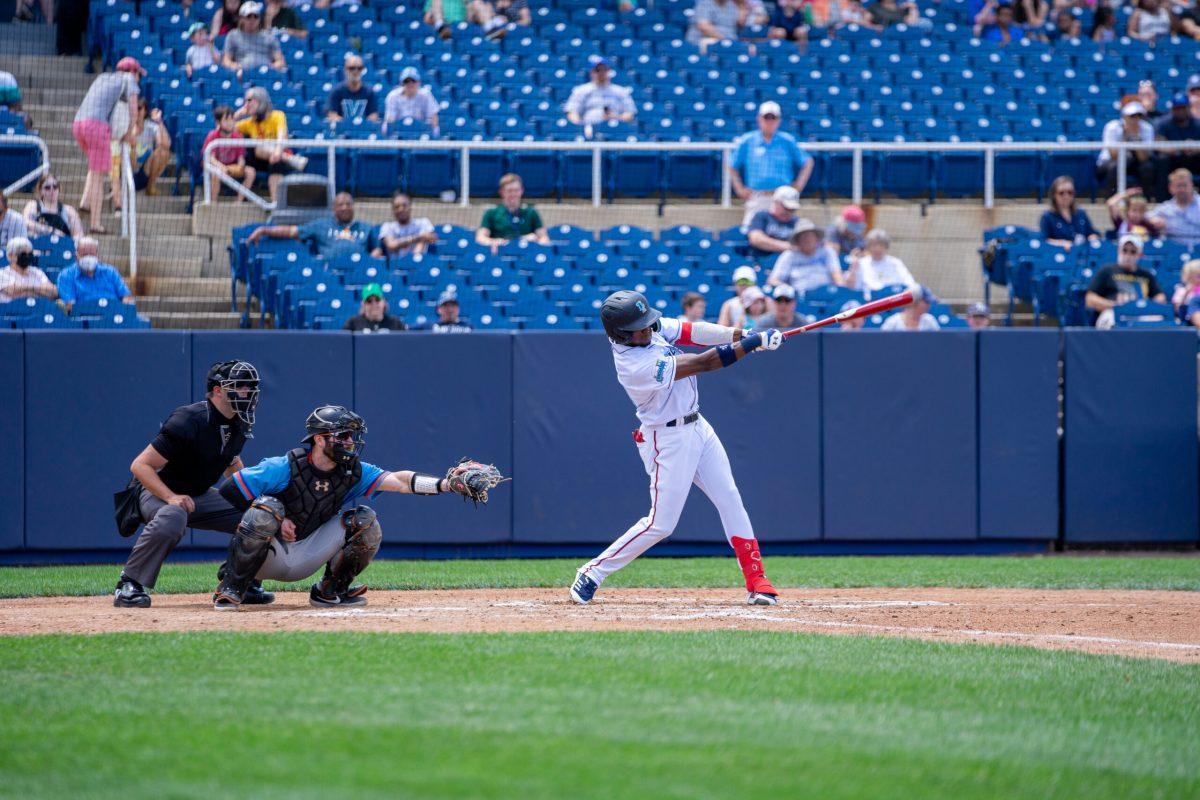 Jordy Barley swings at a pitch earlier this season. Barley hit his second home run of the year in the Blue Rocks Sunday afternoon victory. Sunday, May 29, 2022. - Staff Photographer / Ashley Craven 