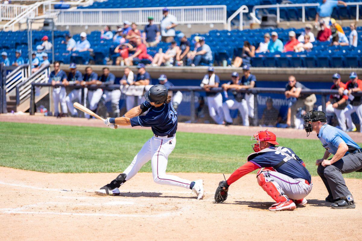 Drew Mendoza swings at a pitch earlier this season. Mendoza hit the game winning RBI on Tuesday night to defeat the IronBirds in extra innings. Sunday, July 3, 2022. - Staff Photographer / Ashley Craven