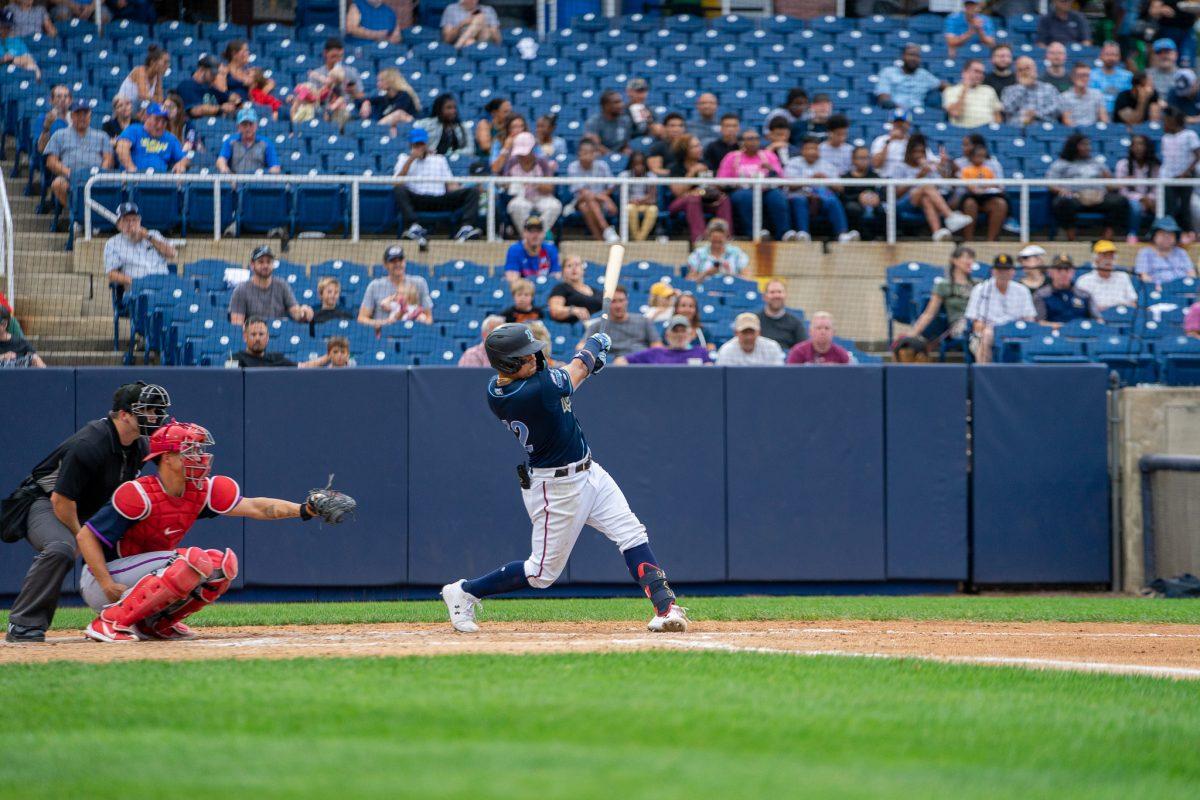 Jose Sánchez swings at a pitch earlier this season. Sánchez reached on base multiple times and had an RBI in the Blue Rocks victory over the Cyclones Tuesday night. Tuesday, July 26, 2022. - Staff Photographer / Ashley Craven