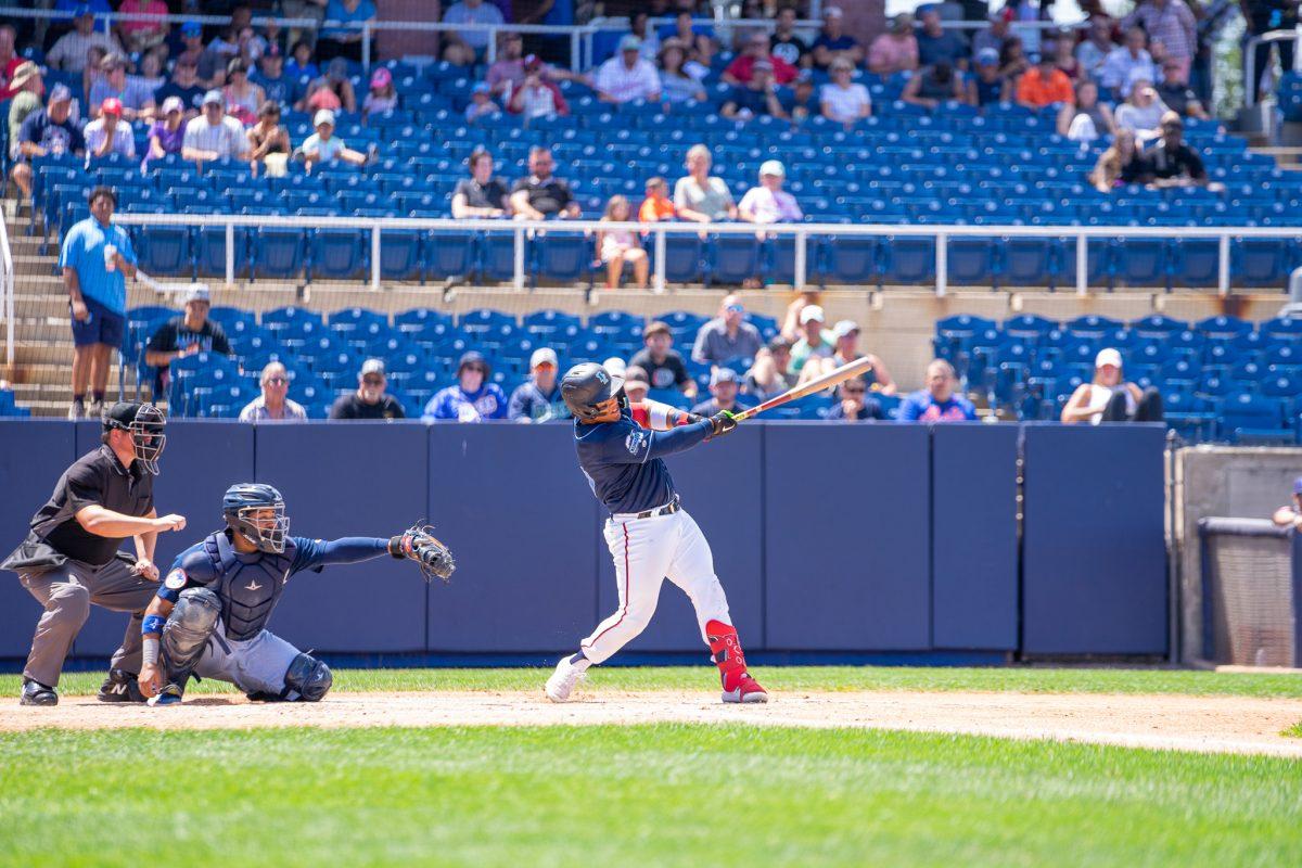 Onix Vega drives a ball into play. Vega hit the lead-taking three-run homer in the Blue Rocks Tuesday night matchup. Sunday, August 14, 2022. - Staff Photographer / Ashley Craven