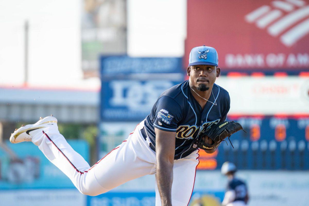 Rodney Theophile after throwing a pitch. Theophile had four innings of work in the Blue Rocks 8-0 loss on Thursday night. Staurday, July 23, 2022. - Photo / Joey Nicolo, Wilmington Blue Rocks Photographer