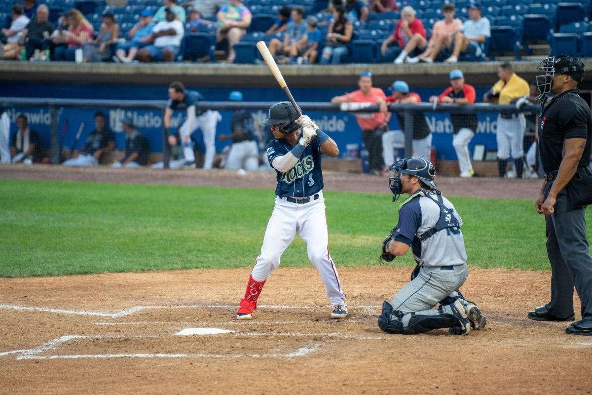 Viandel Pena at bat. Pena hit the game-tying triple on Friday night. Wednesday, August 10, 2022. - Photo / Joey Nicolo, Wilmington Blue Rocks Photographer